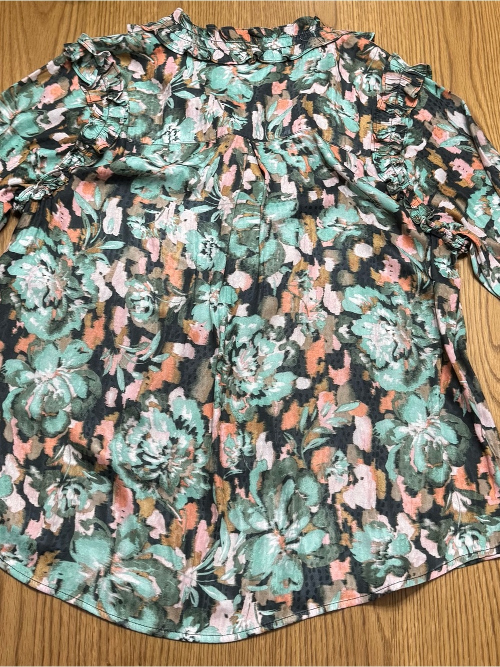 Democracy Floral Ruffle Henley Blouse in Mint, Coral, and Black - Picture 2 of 2